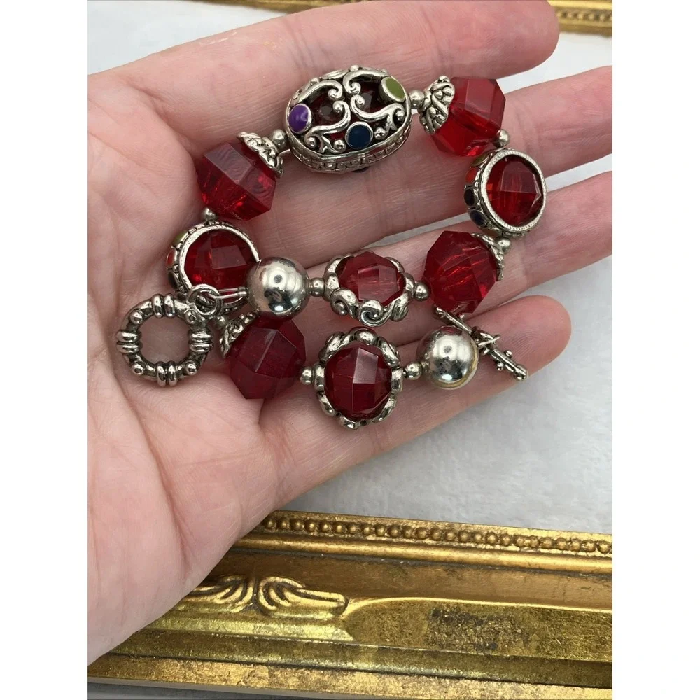 Ornate Ruby Red Glass Beaded Bracelet Enamel Silver Tone Royal Romantic Castle